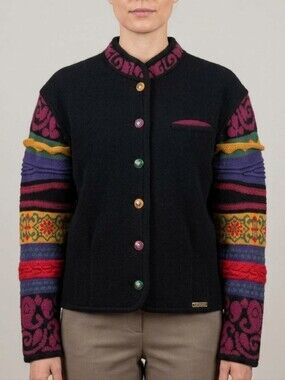 Geiger Black Wool Blend Cardigan with Multicolor Patterned Sleeves
